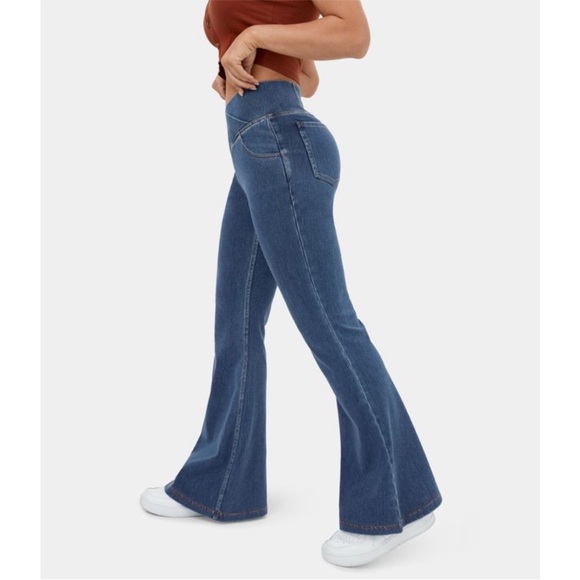 Halara cross over stretchy denim super flare pants - Picture 2 of 5